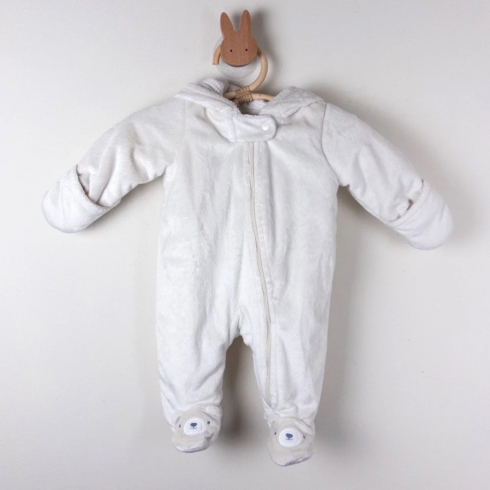 Carter's‎ Pram Suit Kids Newborn White Ivory Plush Bear Ear Hooded